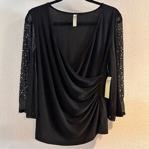 PerSeption Concept Black Drape Top with Sequin Sleeves Size Small